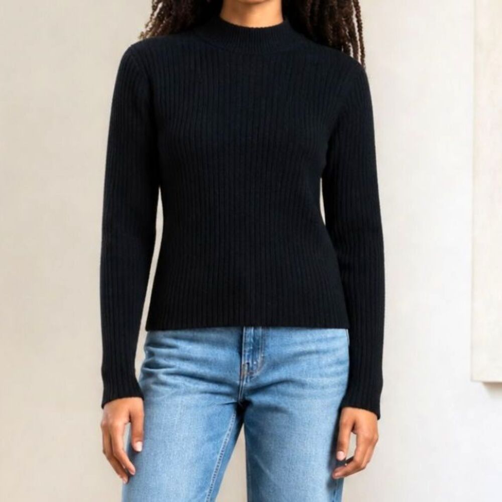 Madewell Recycled Cashmere Wool Mock Neck Ribbed Speckled Sweater Small Black